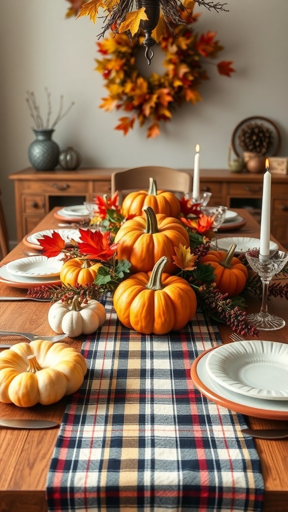 Thanksgiving table with a plaid table runner, pumpkins, and candles