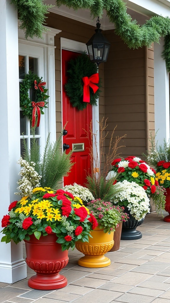 Colorful festive planters with seasonal flowers on a front porch