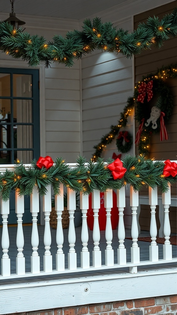 A beautifully decorated porch railing with garlands, lights, and bows for Christmas.