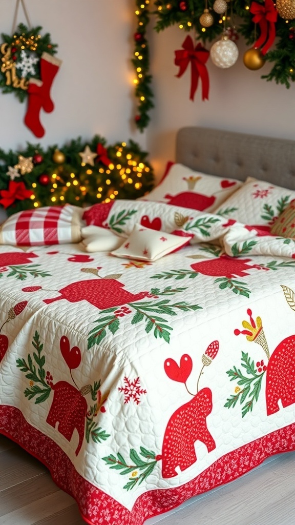 A festive quilt with red bears and holiday decorations on a bed, surrounded by Christmas decor.