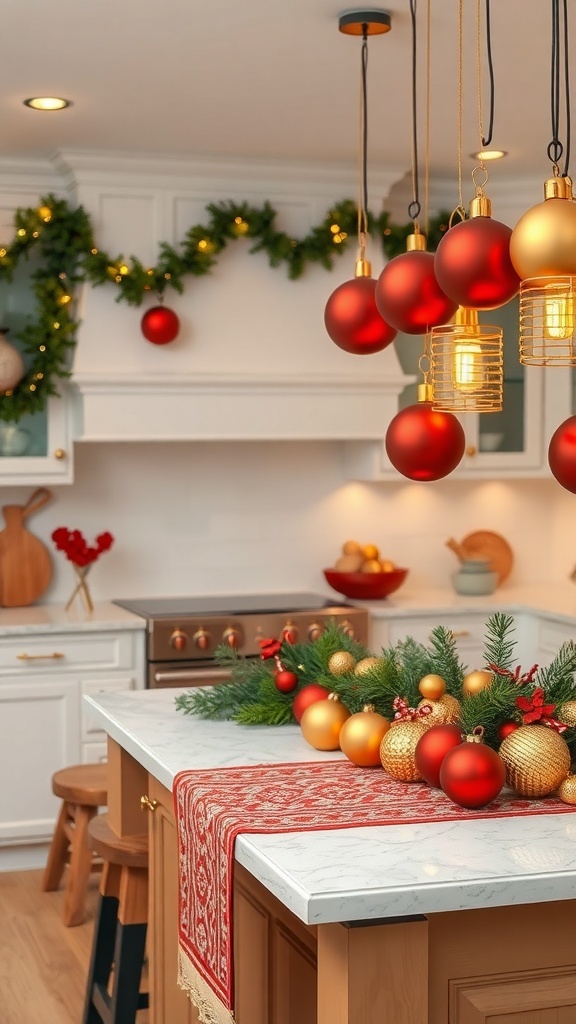 A beautifully decorated kitchen island with red and gold Christmas decor, featuring ornaments and greenery.