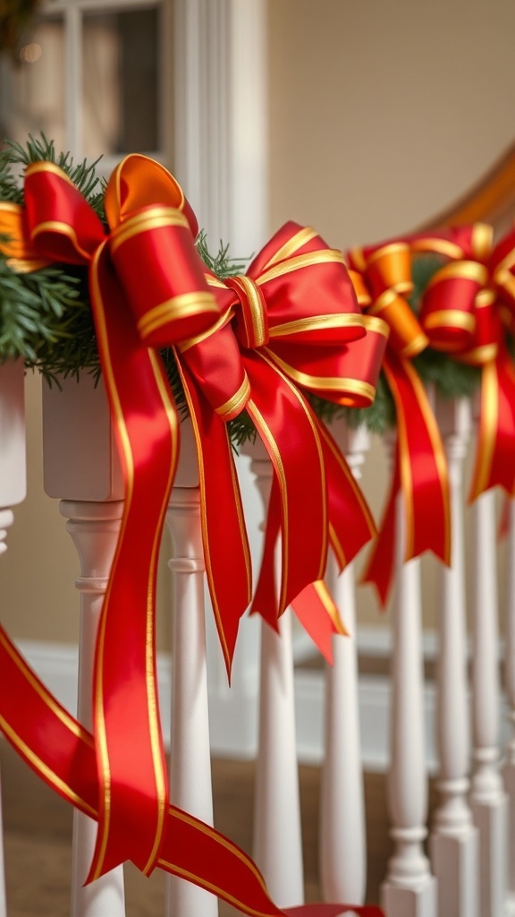 Close-up of red and gold ribbons tied on a white banister decorated for Christmas.