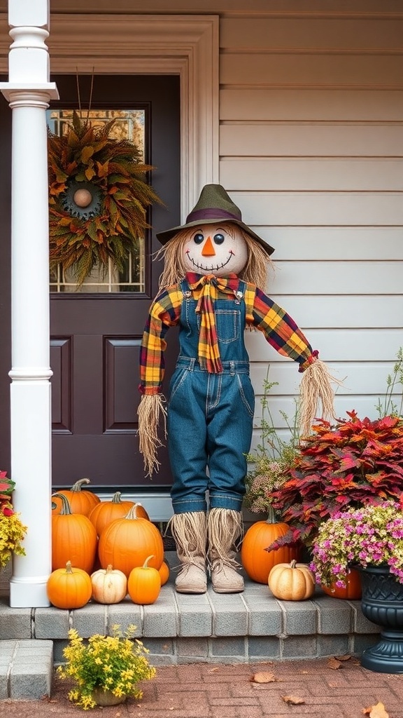 A cheerful scarecrow on a front porch surrounded by pumpkins and colorful flowers.