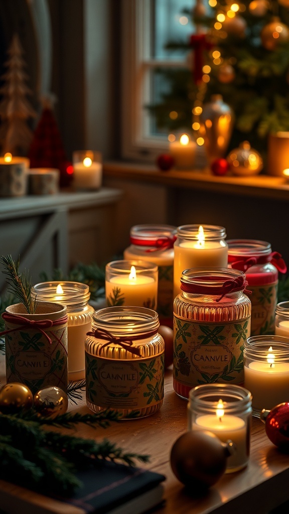 A collection of festive scented candles on a table, surrounded by greenery and Christmas decorations.
