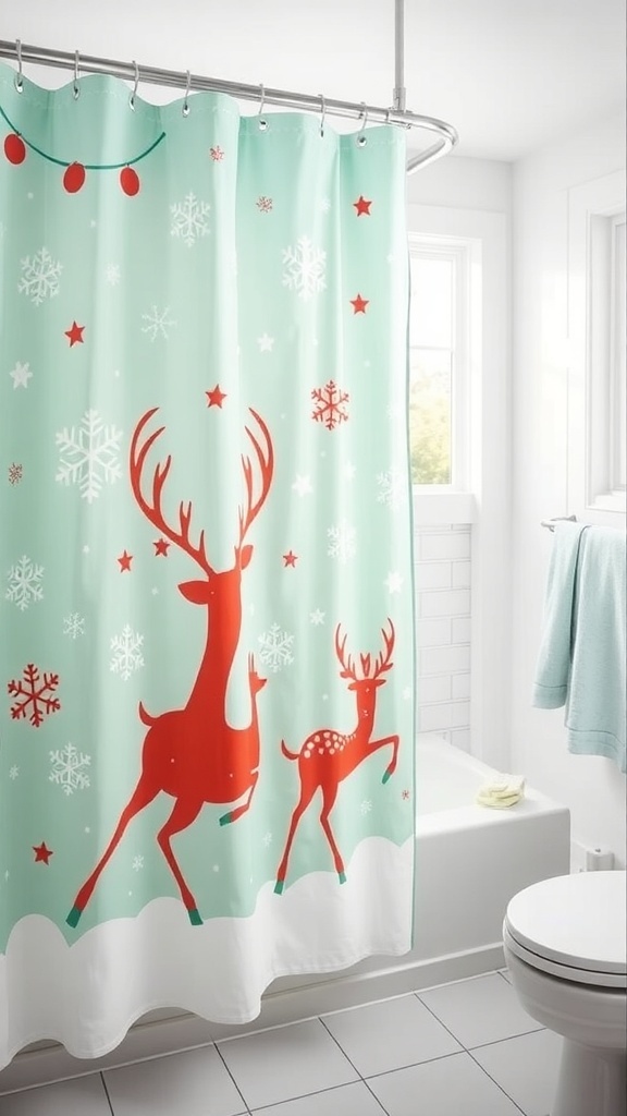 A festive shower curtain with a red reindeer and snowflakes, perfect for Christmas bathroom decor.