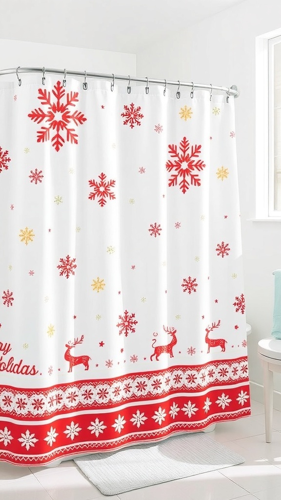 A festive shower curtain with red reindeer and snowflakes on a white background.
