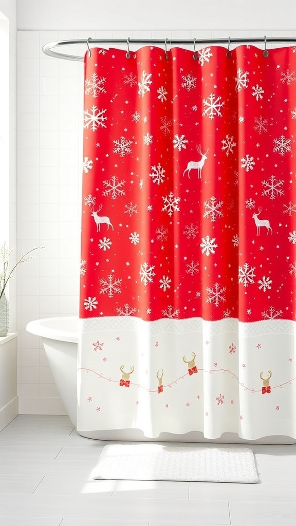 A red Christmas shower curtain with snowflakes and reindeer designs.