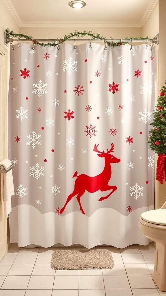 A festive shower curtain with a red reindeer and snowflakes, enhancing a Christmas bathroom theme.