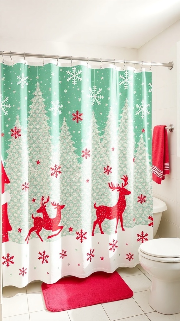 A festive shower curtain with a reindeer, snowflakes, and Christmas decorations.