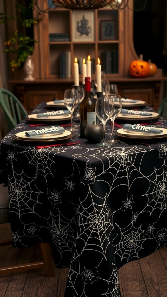 A table set with a spiderweb tablecloth, candles, and Halloween decorations.