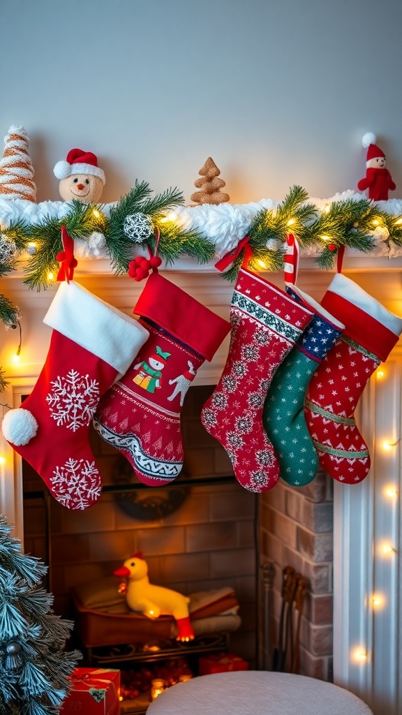 A festive display of colorful Christmas stockings hanging from a mantle, adorned with holiday decorations.