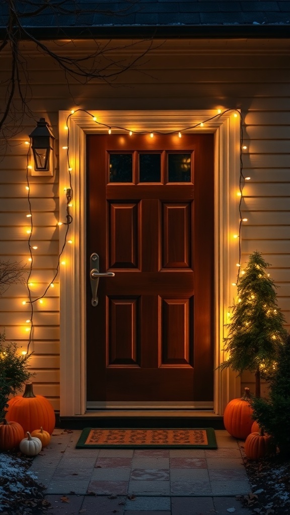 A front door decorated with string lights, pumpkins, and small trees for fall.