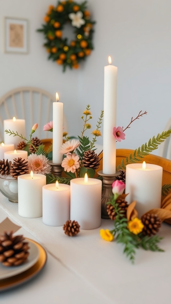 A festive table centerpiece featuring candles, flowers, and pinecones.