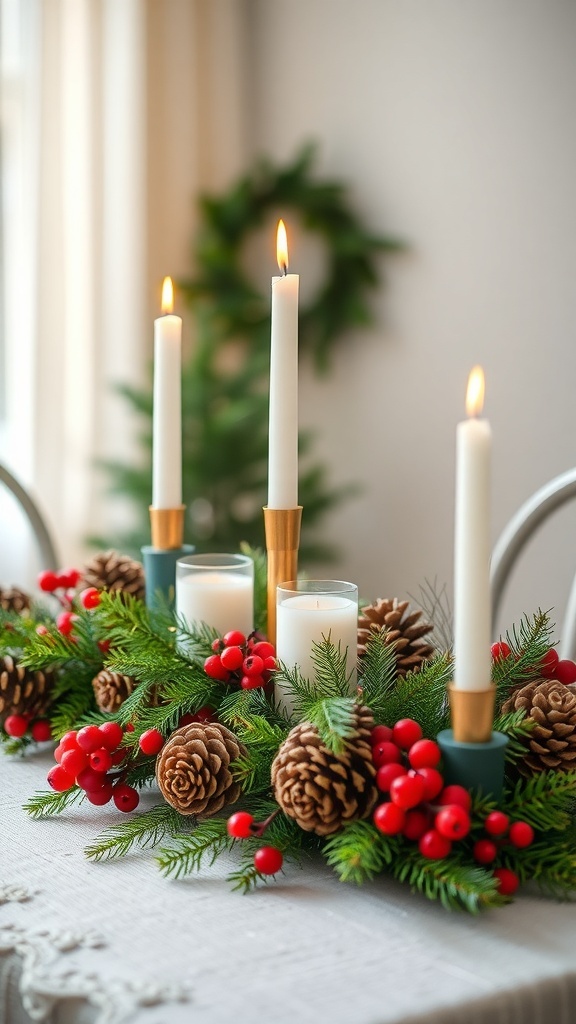 A festive table centerpiece with candles, pinecones, and red berries.