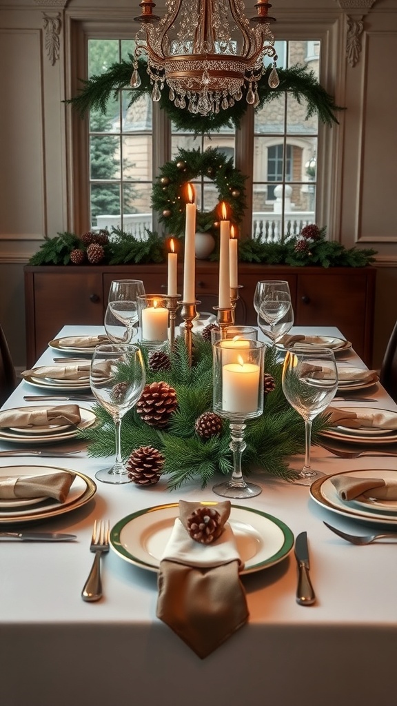 A festive table centerpiece with candles, pine branches, and pinecones.