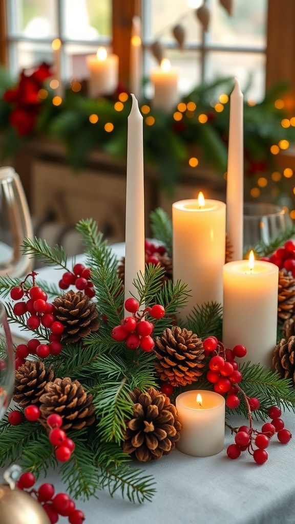 A festive table centerpiece featuring candles, pinecones, and red berries.