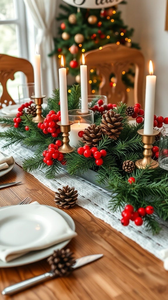 A beautifully decorated dining table with candles, pinecones, and greenery for Christmas.