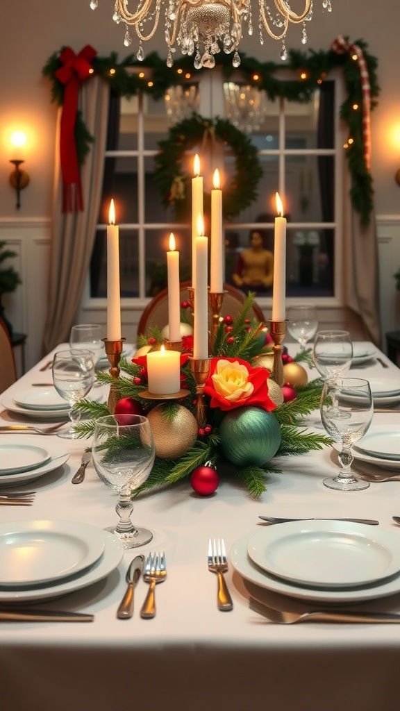 A beautifully decorated Christmas table centerpiece with candles, ornaments, and greenery.