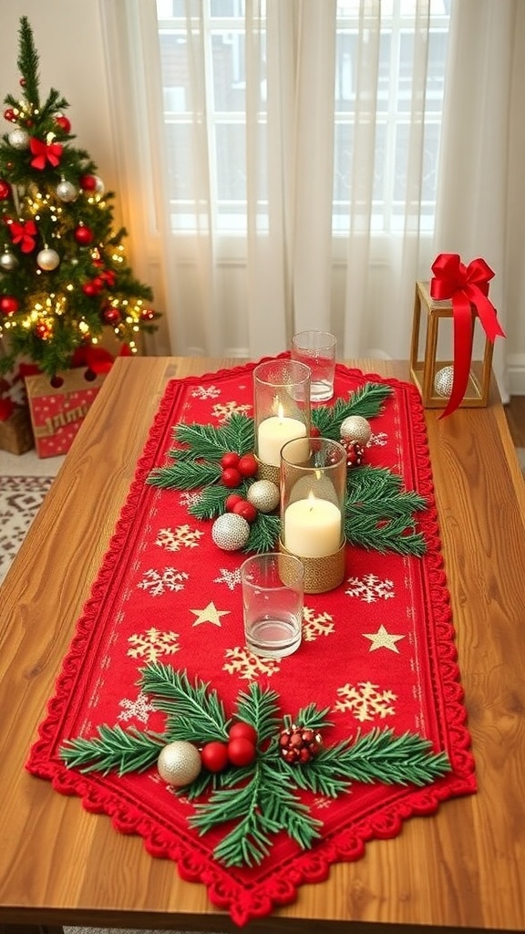 A red table runner with green foliage, candles, and ornaments on a wooden coffee table, with a Christmas tree in the background.