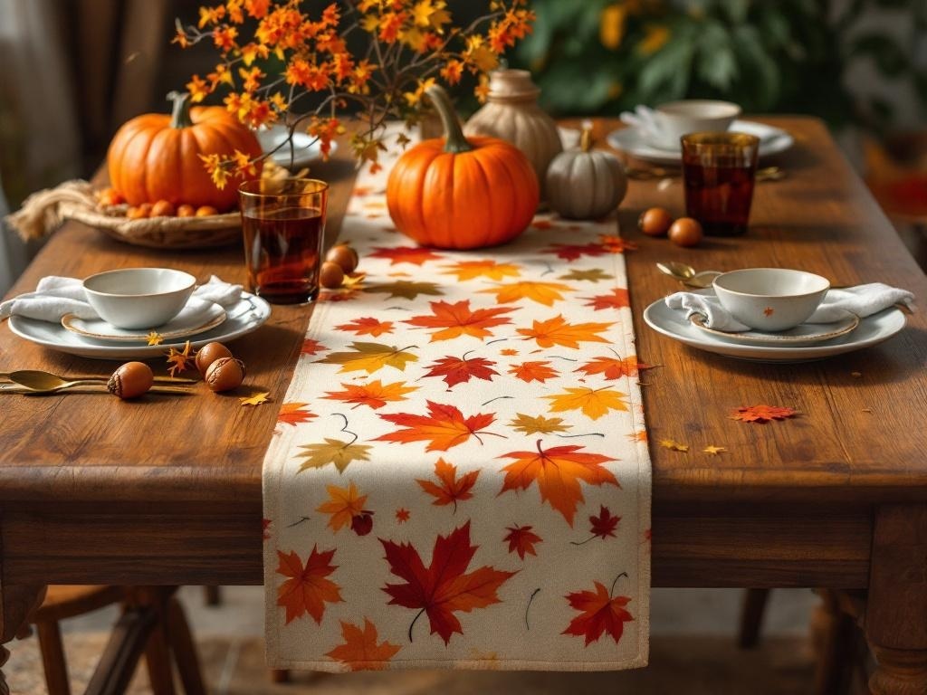 A Thanksgiving table decorated with a festive table runner featuring autumn leaves, pumpkins, and acorns.