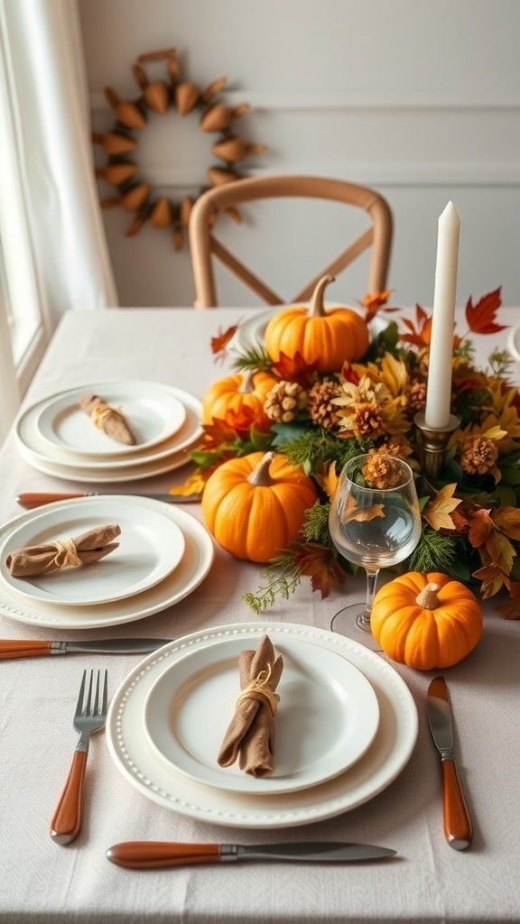 A festive Thanksgiving table setting with plates, pumpkins, and autumn decorations.