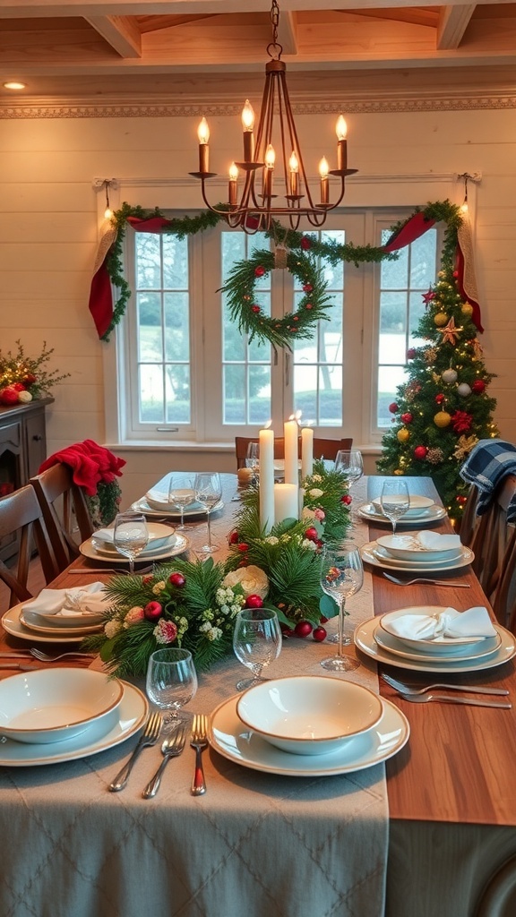A beautifully set festive table with greenery, candles, and elegant tableware for Christmas.