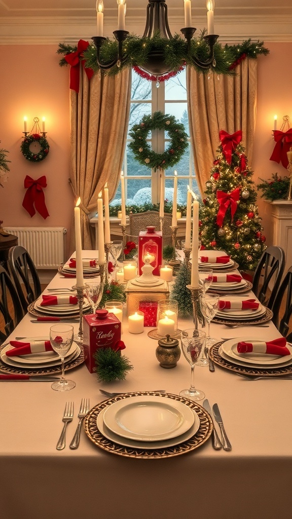 Cozy Christmas table setting with candles, wreaths, and festive decor.
