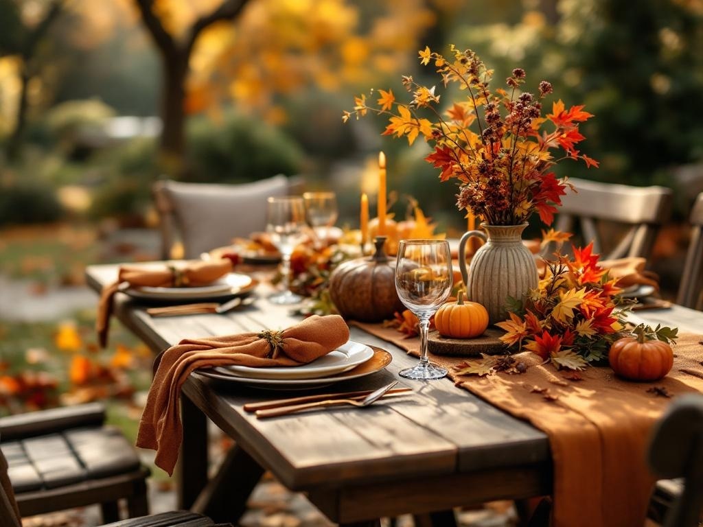 A beautifully set outdoor table for fall with pumpkins, candles, and colorful leaves.