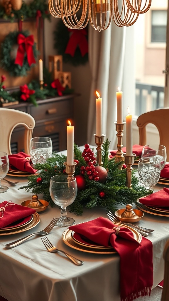 A beautifully set Christmas dining table with red napkins, gold plates, and candles.