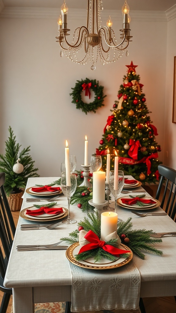 A beautifully decorated Christmas dining table with candles, festive plates, and holiday decorations.