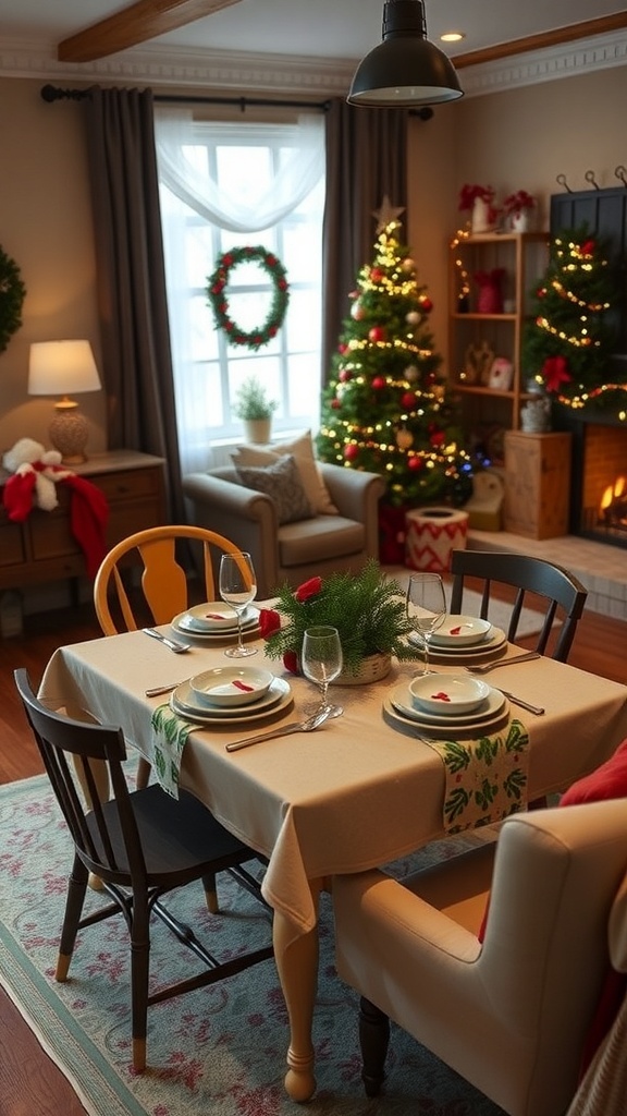 A cozy small living room decorated for Christmas with a festive dining table setting.