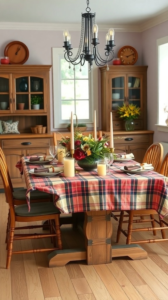 A cozy farmhouse kitchen table set for Christmas with a plaid tablecloth, candles, and a floral centerpiece.