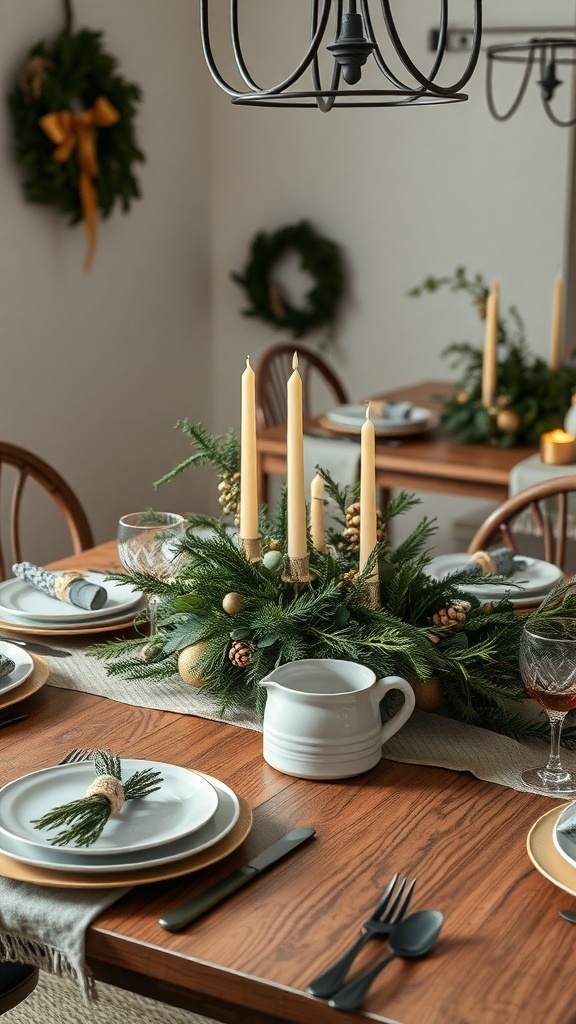 A beautifully set table with bohemian Christmas decor featuring pine branches, candles, and elegant dishware.
