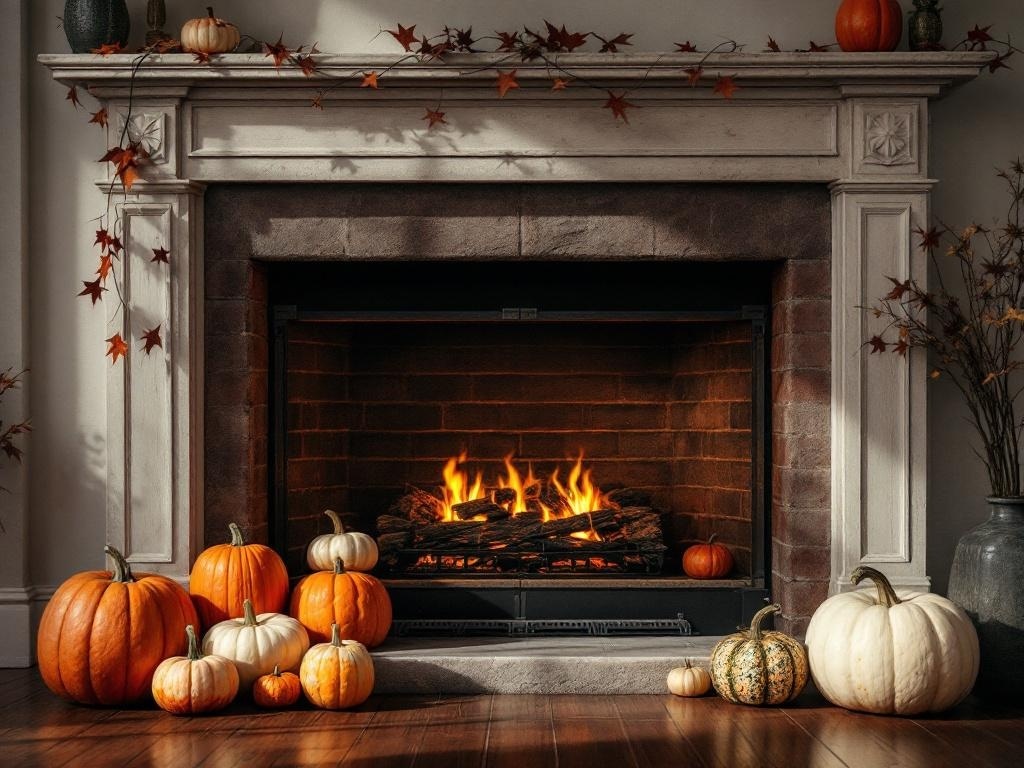 A cozy fireplace decorated with various pumpkins and autumn leaves, creating a warm Thanksgiving atmosphere.