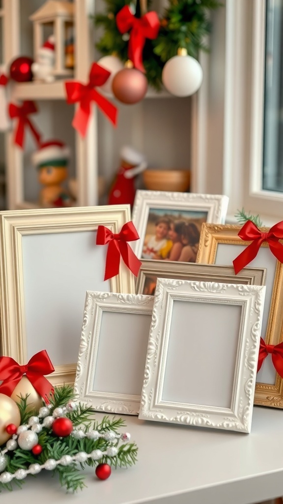 A collection of festive picture frames with red bows, surrounded by holiday decorations.