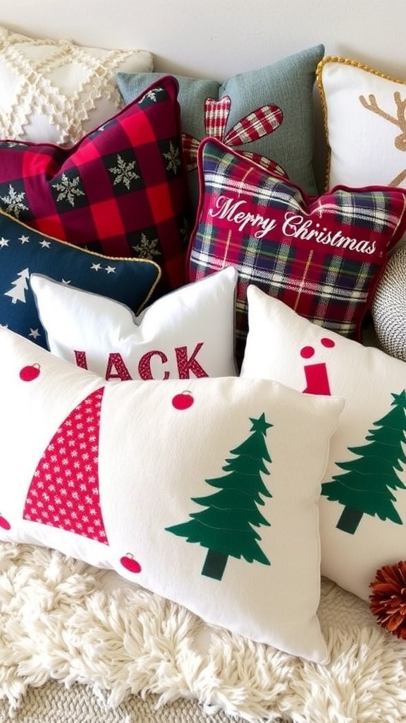 A collection of festive throw pillows on a bed, featuring holiday designs and colors.