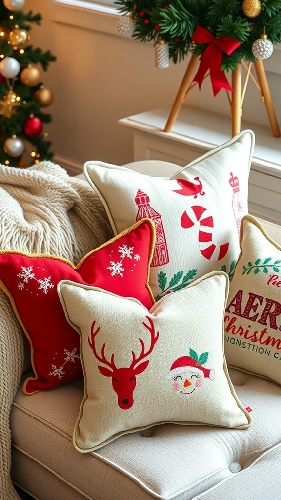 A cozy couch adorned with festive throw pillows featuring Christmas designs.