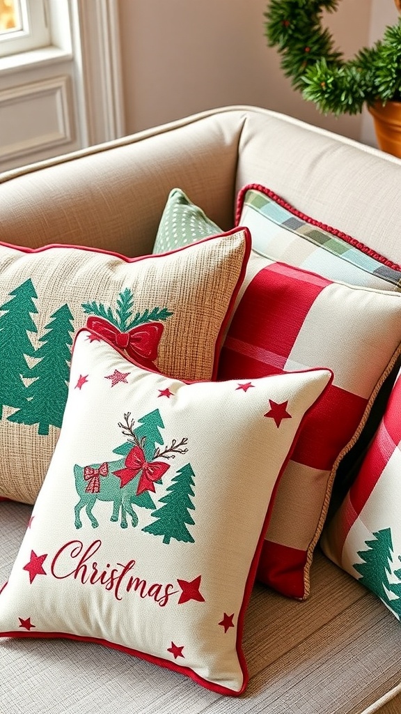 A cozy living room with festive throw pillows featuring Christmas designs.
