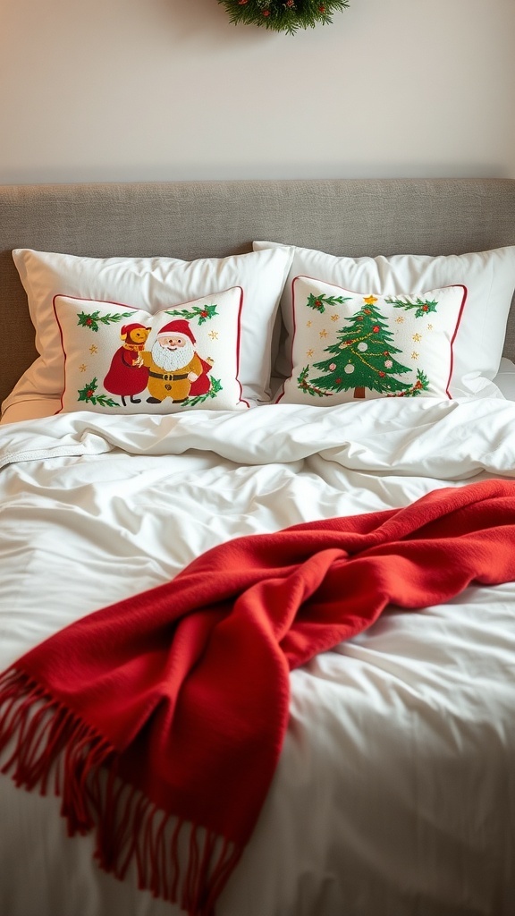 Festive throw pillows with Christmas designs and cozy blankets on a bed.