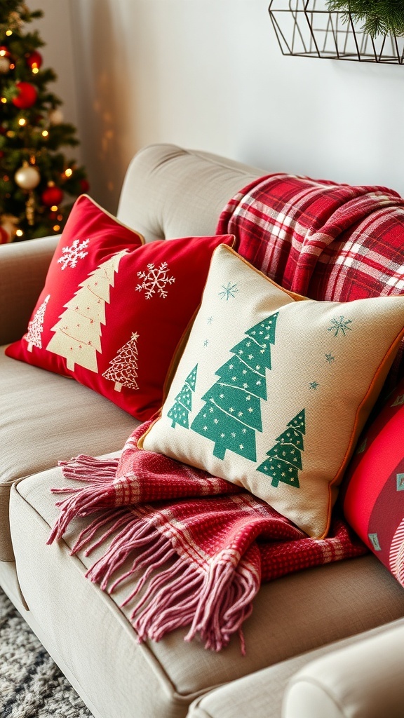 A cozy living room with red throw pillows that say 'Merry Christmas' and a festive blanket.