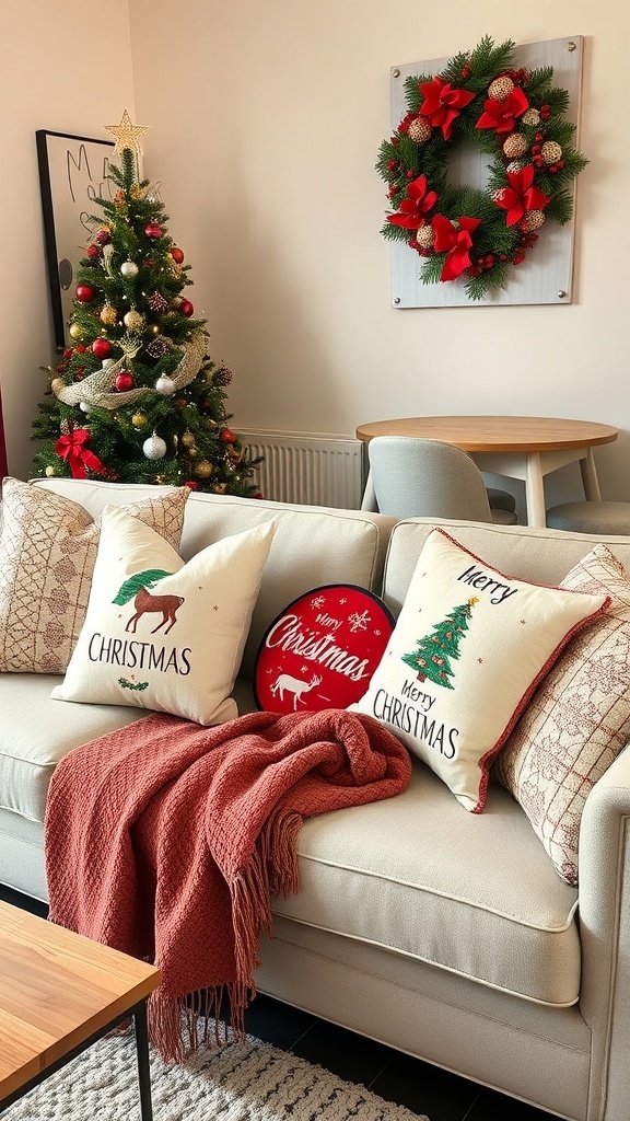 Cozy Christmas-themed throw pillows and a blanket on a sofa with a wreath in the background.