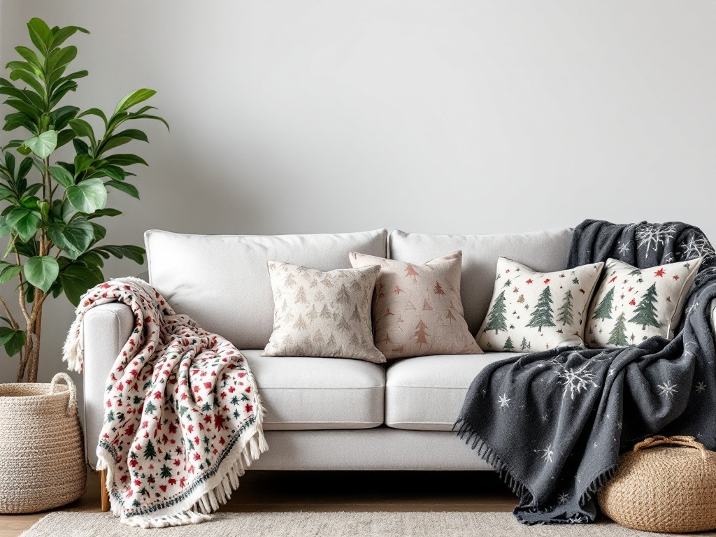 Cozy living room with festive throw pillows and a blanket on a couch