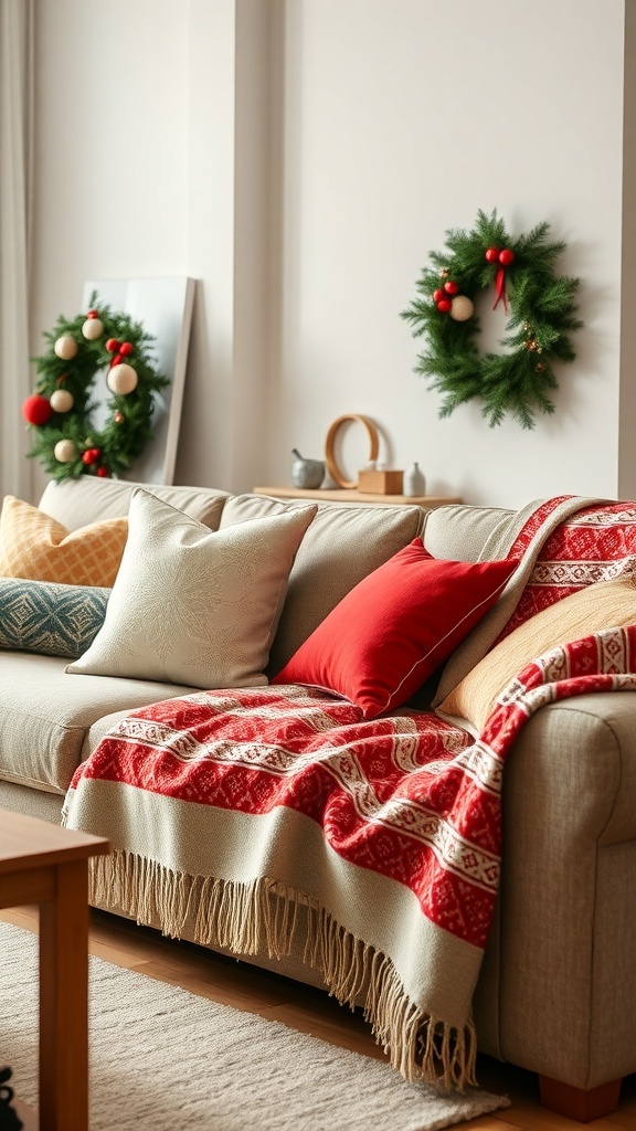 Cozy living room with festive throw pillows and a red blanket on a sofa, decorated for Christmas.