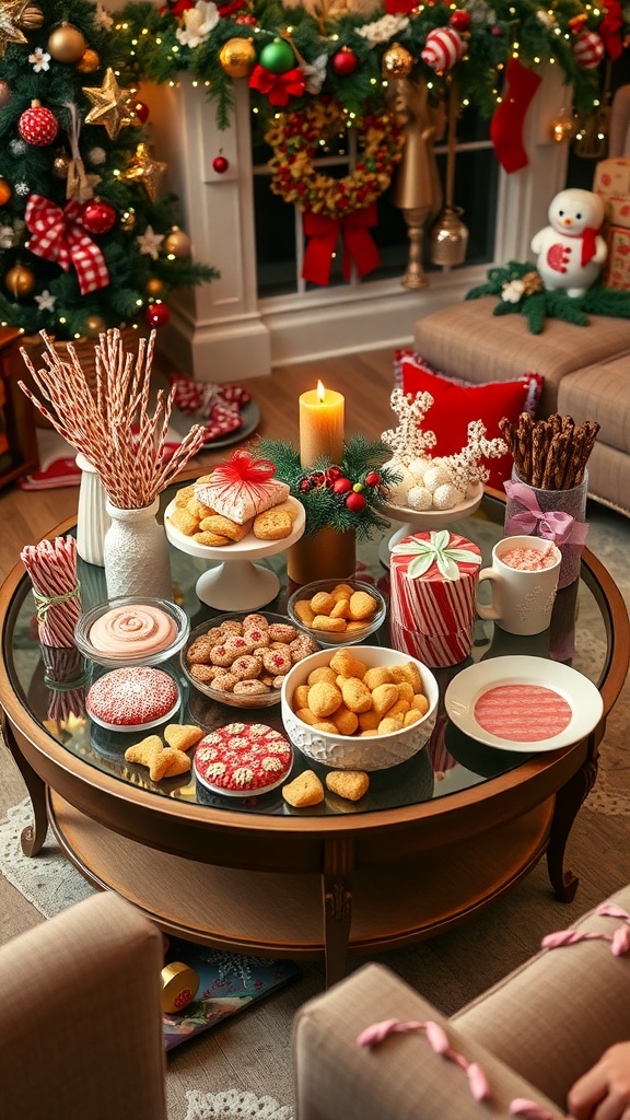 A beautifully decorated coffee table with various Christmas treats including cookies, candies, and a candle.