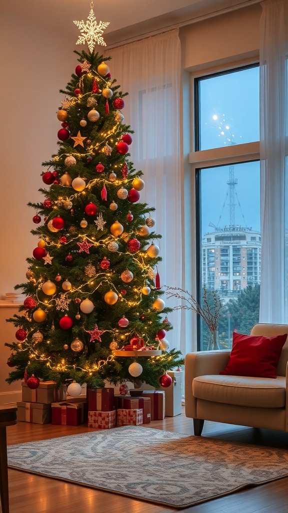 A beautifully decorated Christmas tree with red and gold ornaments, a star on top, and wrapped gifts underneath, in a cozy living room.