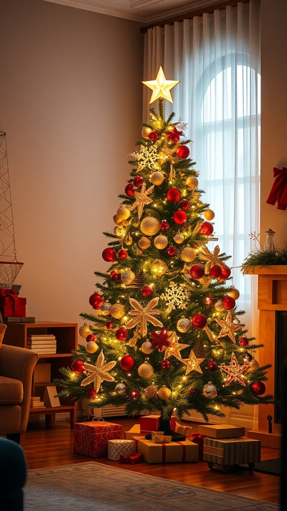 A beautifully decorated Christmas tree with red and gold ornaments, glowing lights, and a star on top.
