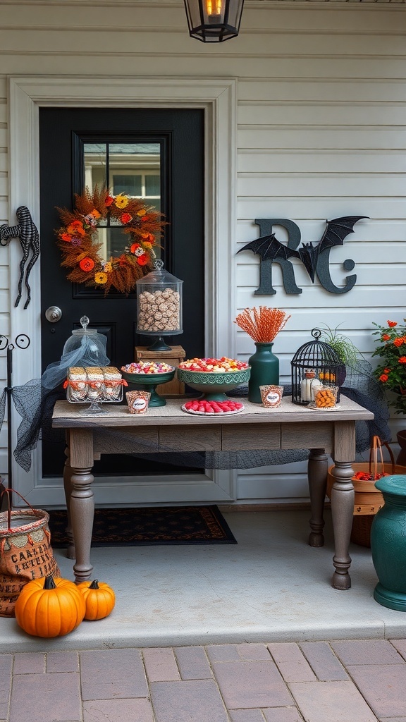 A Halloween-themed porch with a decorated table full of treats, pumpkins, and a festive wreath.