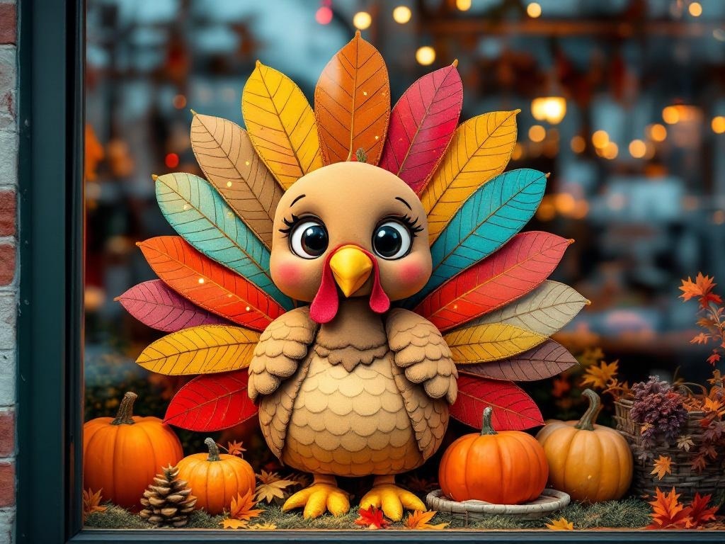 A cheerful turkey with colorful feathers surrounded by pumpkins and autumn leaves in a window display.