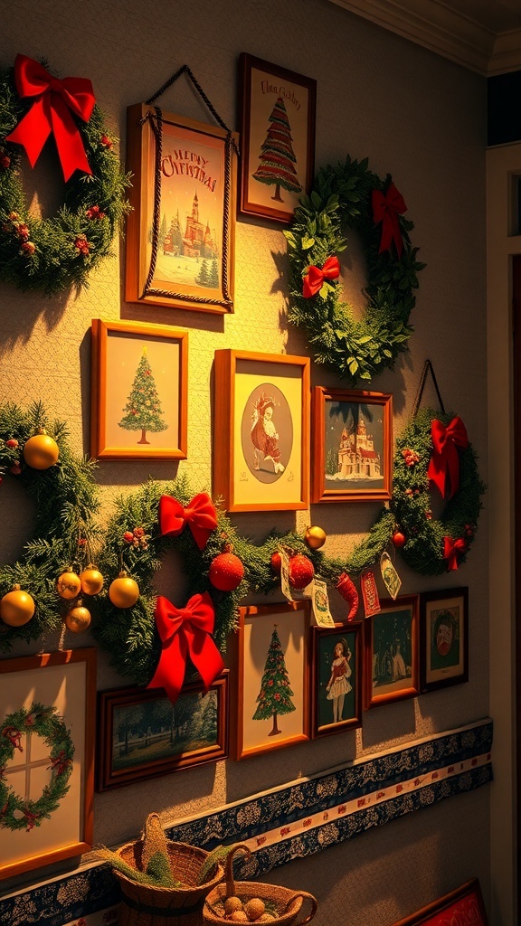 A wall decorated with Christmas wreaths and cheerful holiday signs.