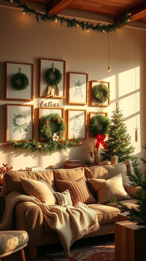 A cozy living room decorated for Christmas with wreaths, festive art, and a Christmas tree.